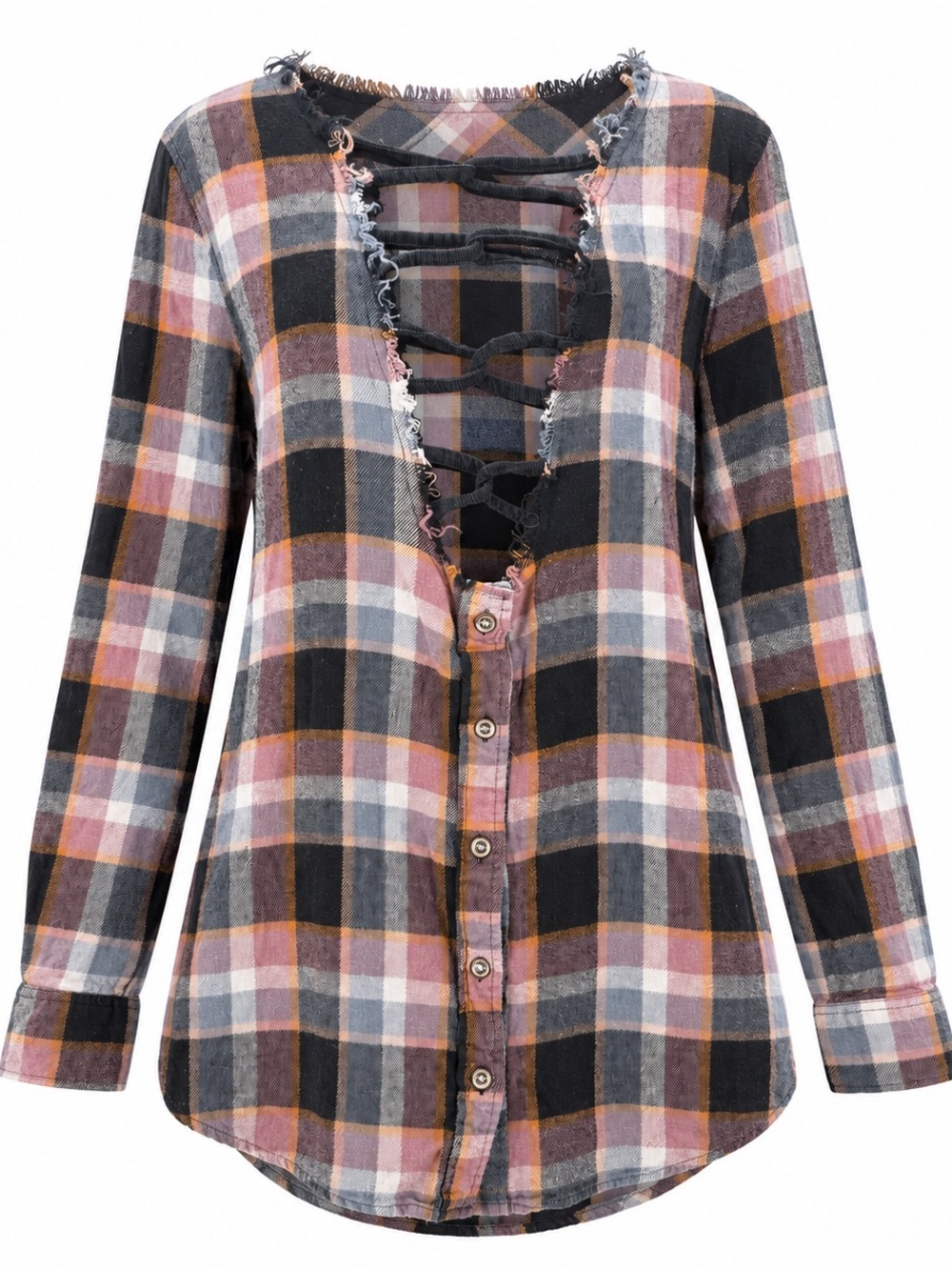 Gilded Intent Distressed Plaid Cage Front Flannel Shirt M
